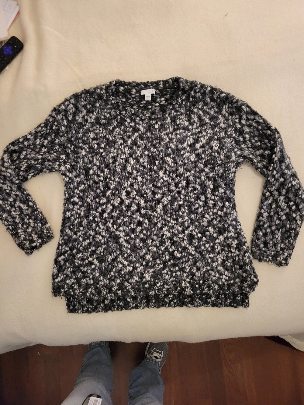J. Jill Women's Wool Blend Chunky Knit Sweater Black Gray White Marled Cozy